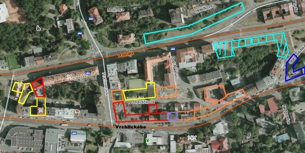 Kde všude se bude stavět dle návrhu projektu RS Development. Barvy jsou odlišeny podle etap výstavby. Vyšrafována je již stojící budova společnosti Central Group. (zdroj: Smíchov.blog.cz)